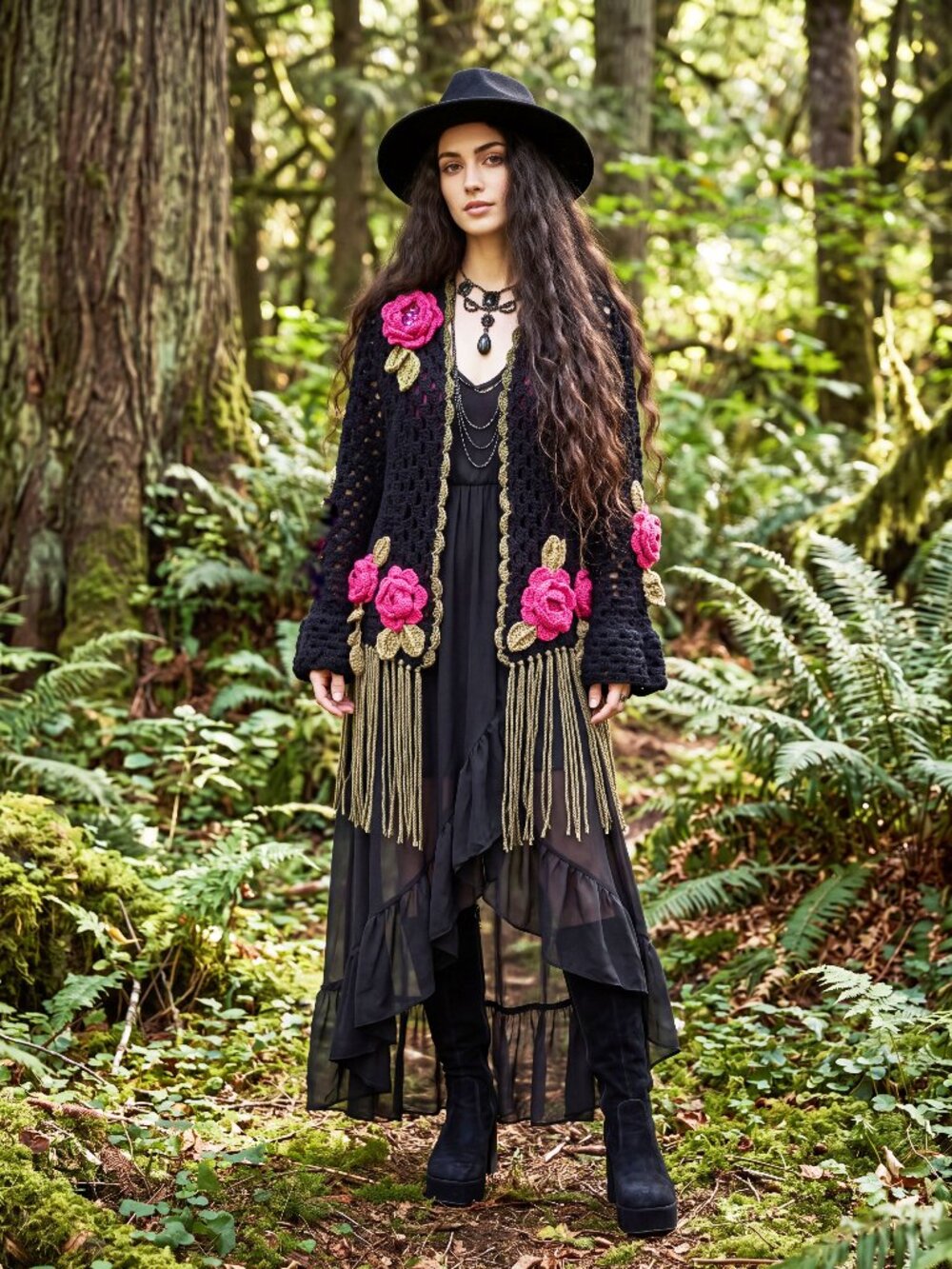 Boho Black Granny Square Sweater with Roses Floral and Fringe L